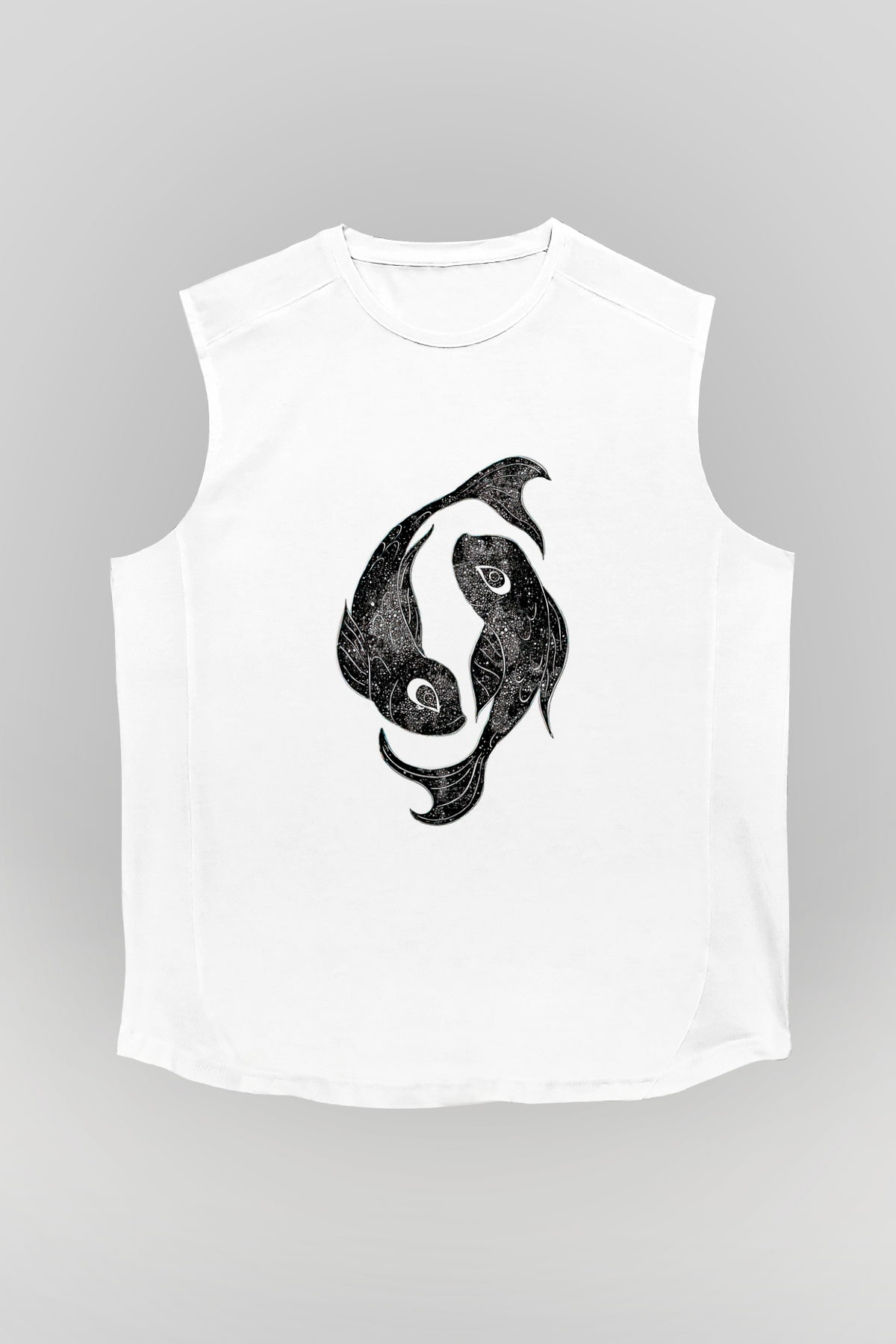 Balık Burcu Baskılı Beyaz Unisex Kolsuz Tişört - Tshirt