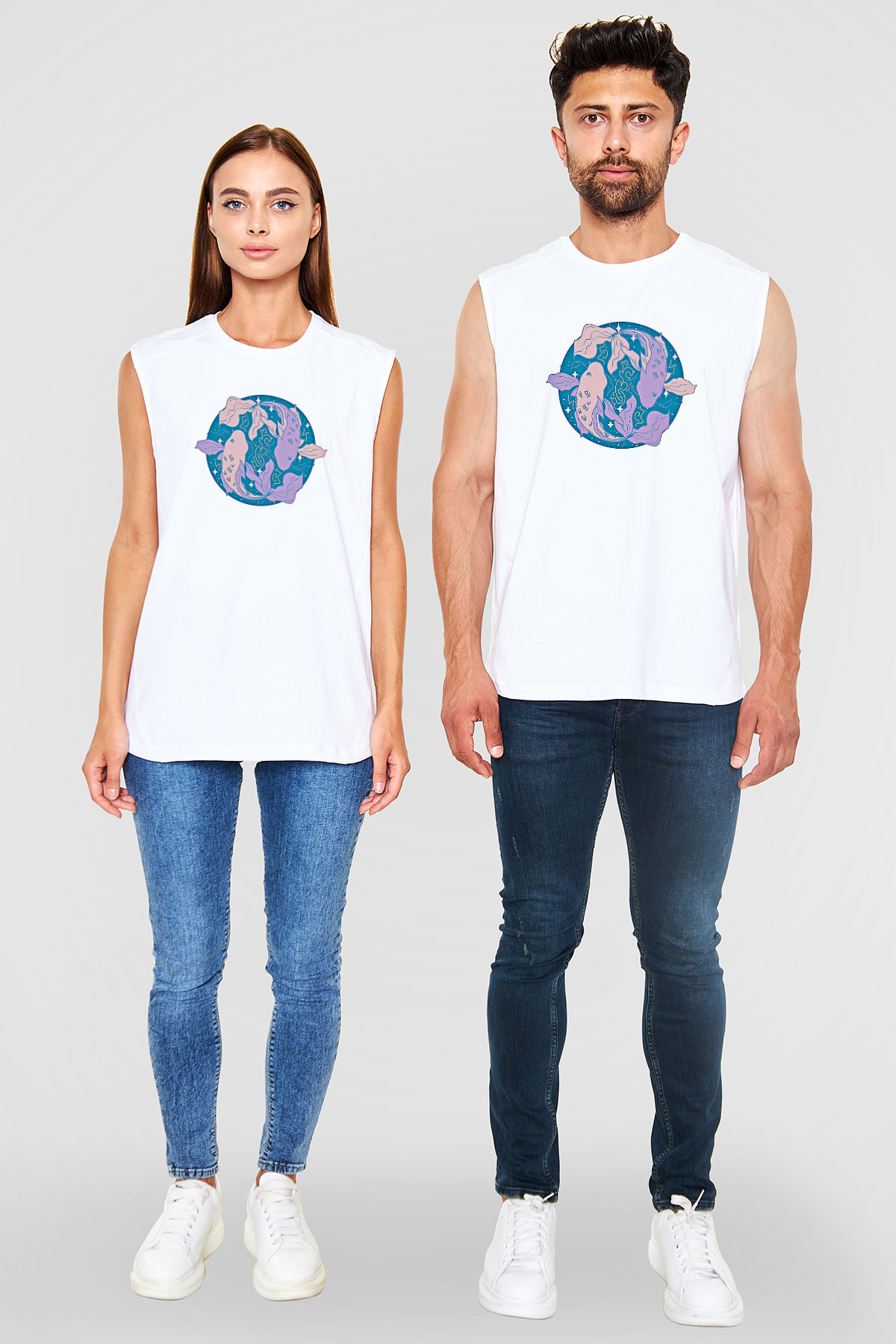 Balık Burcu Baskılı Beyaz Unisex Kolsuz Tişört - Tshirt