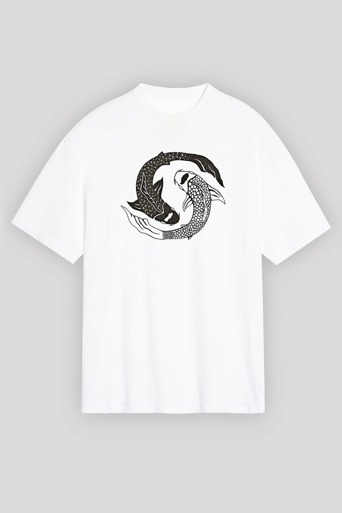 Balık Burcu Baskılı Beyaz Unisex Oversize Tişört - Tshirt