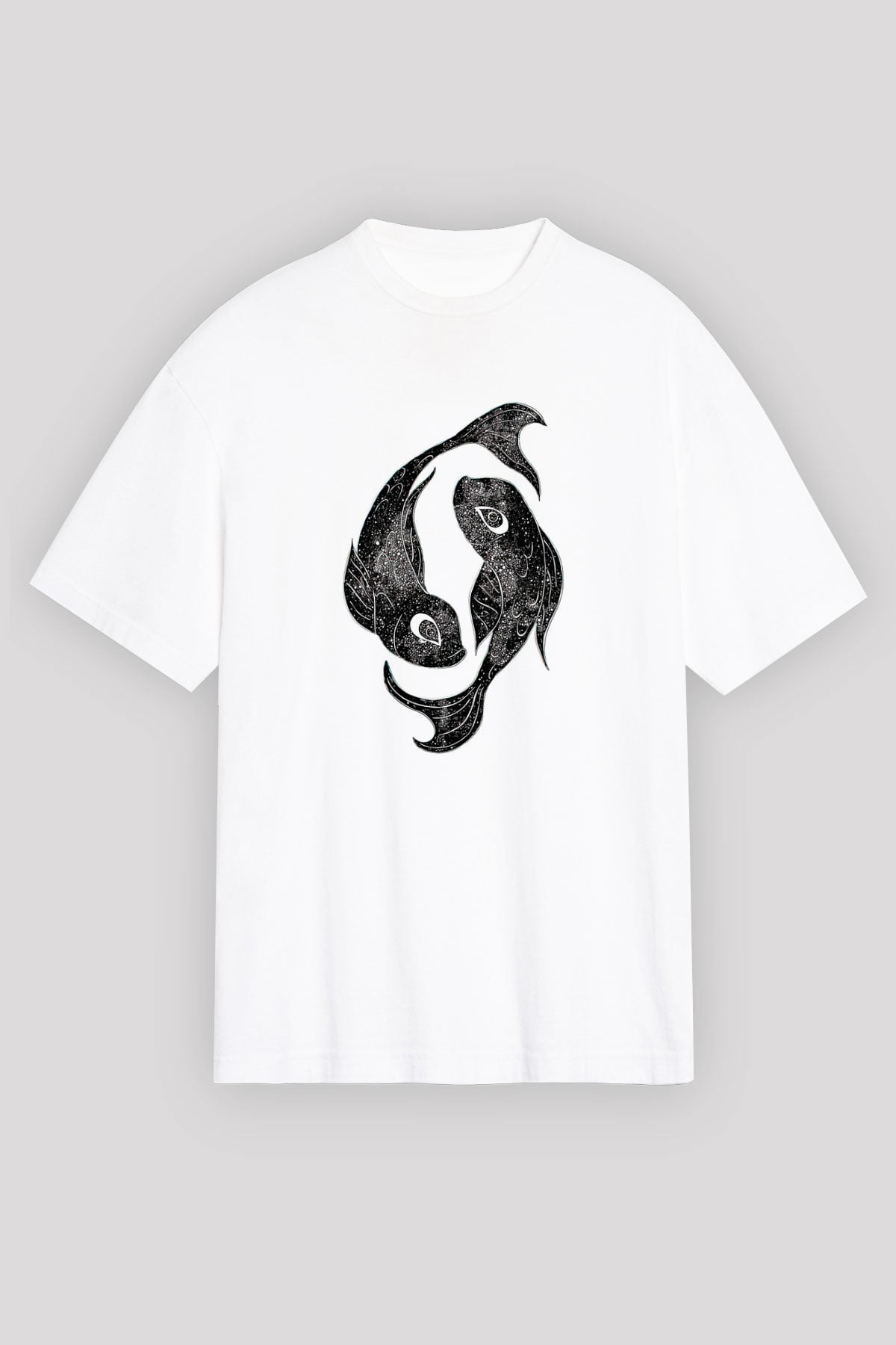 Balık Burcu Baskılı Beyaz Unisex Oversize Tişört - Tshirt