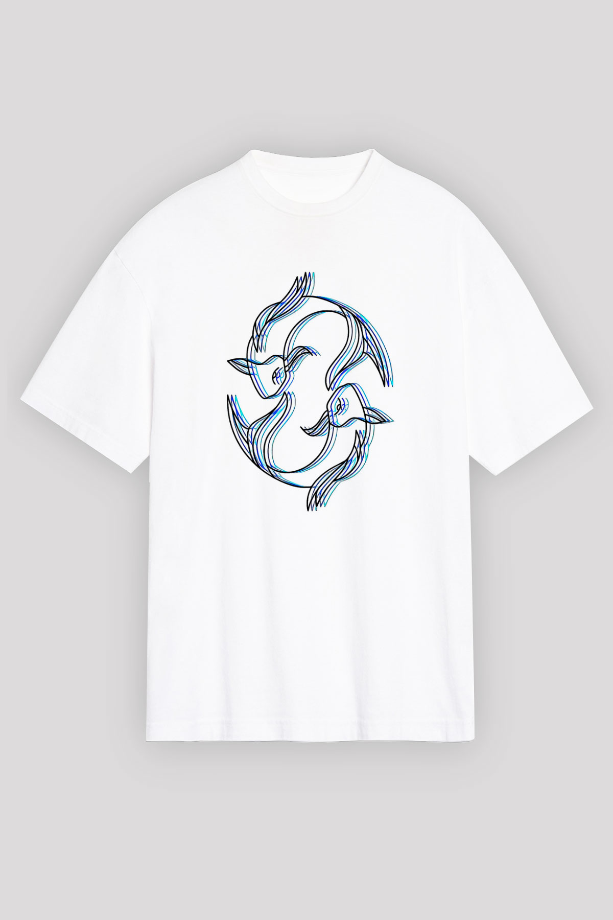 Balık Burcu Baskılı Beyaz Unisex Oversize Tişört - Tshirt