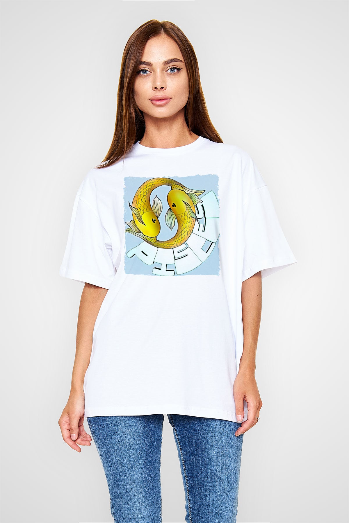 Balık Burcu Baskılı Beyaz Unisex Oversize Tişört - Tshirt