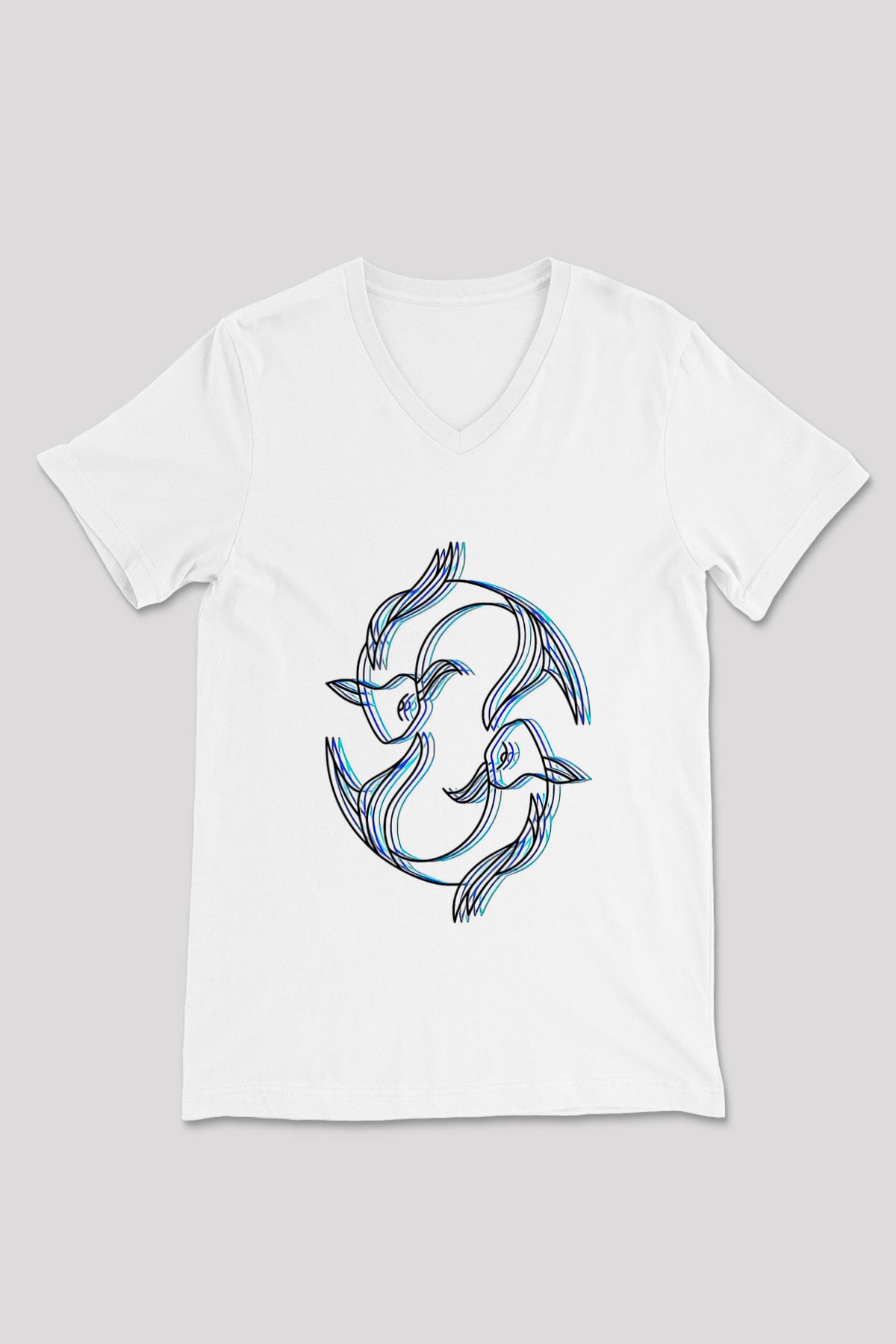 Balık Burcu Baskılı Beyaz Unisex V Yaka Tişört - Tshirt