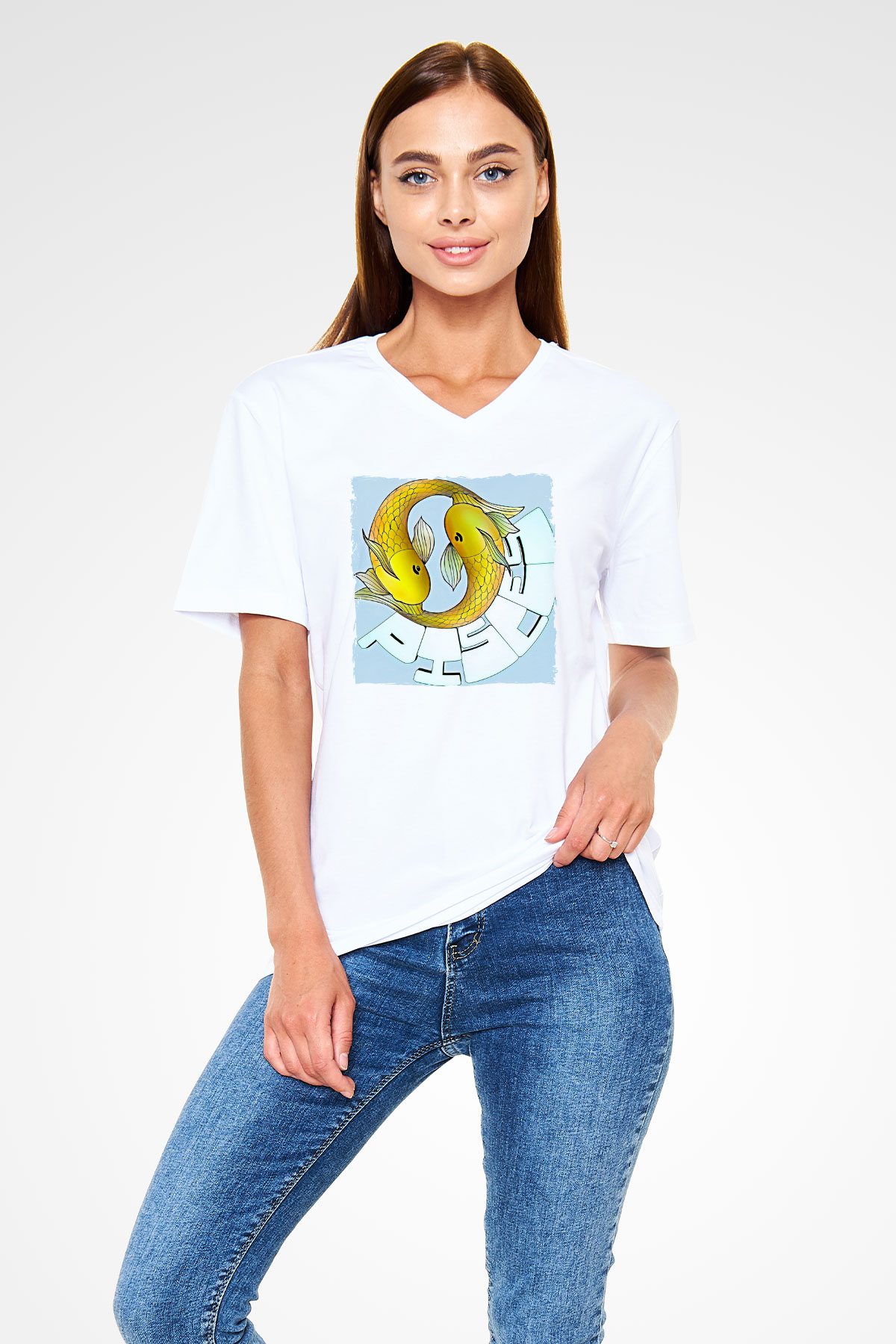 Balık Burcu Baskılı Beyaz Unisex V Yaka Tişört - Tshirt
