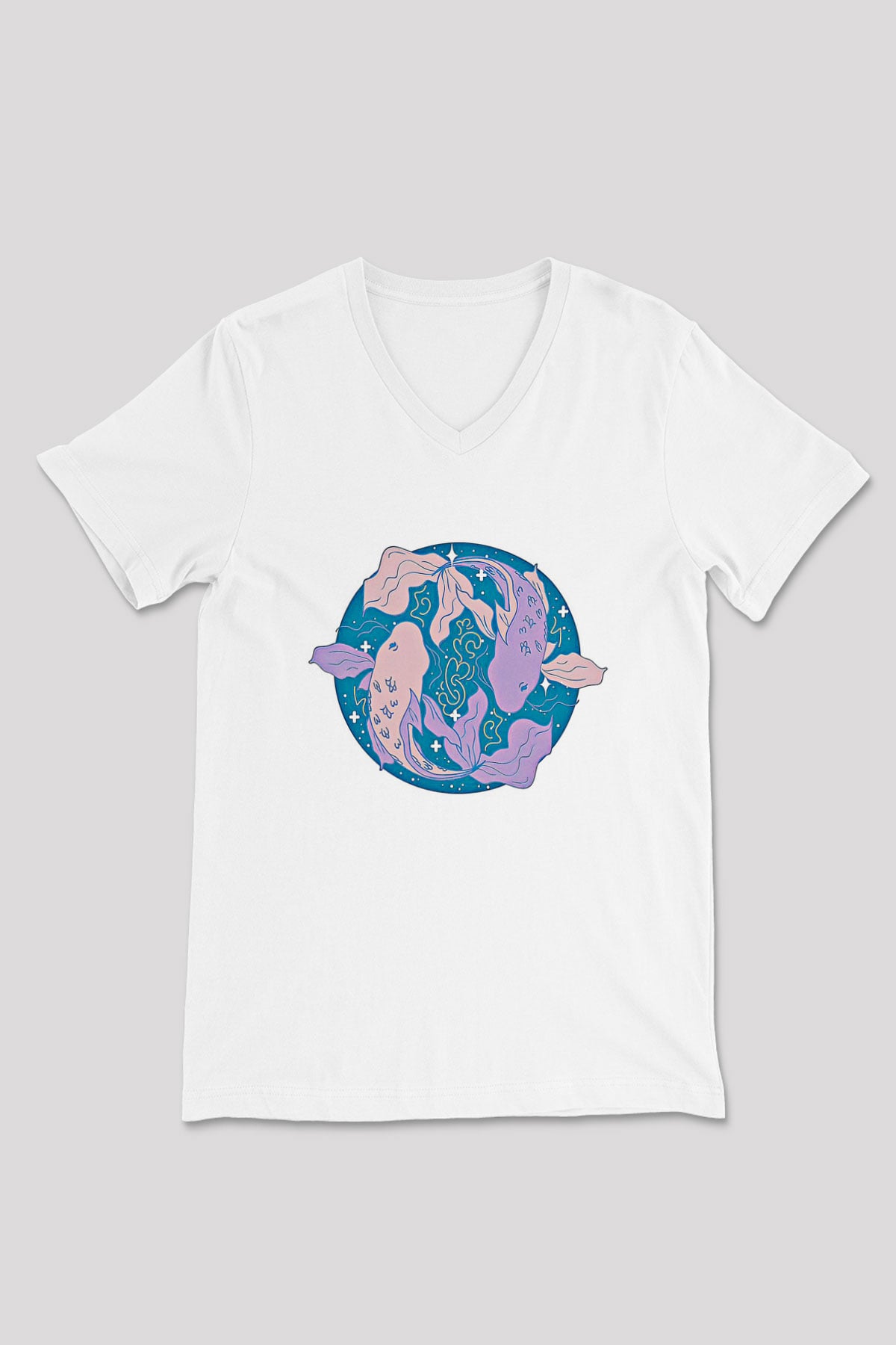 Balık Burcu Baskılı Beyaz Unisex V Yaka Tişört - Tshirt