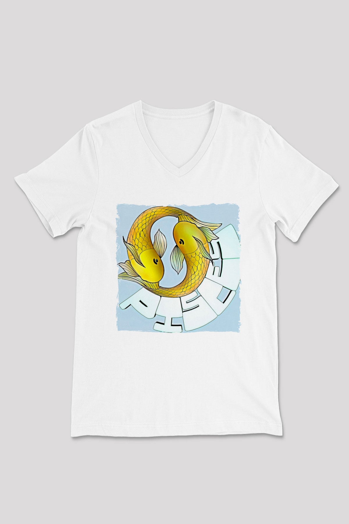 Balık Burcu Baskılı Beyaz Unisex V Yaka Tişört - Tshirt