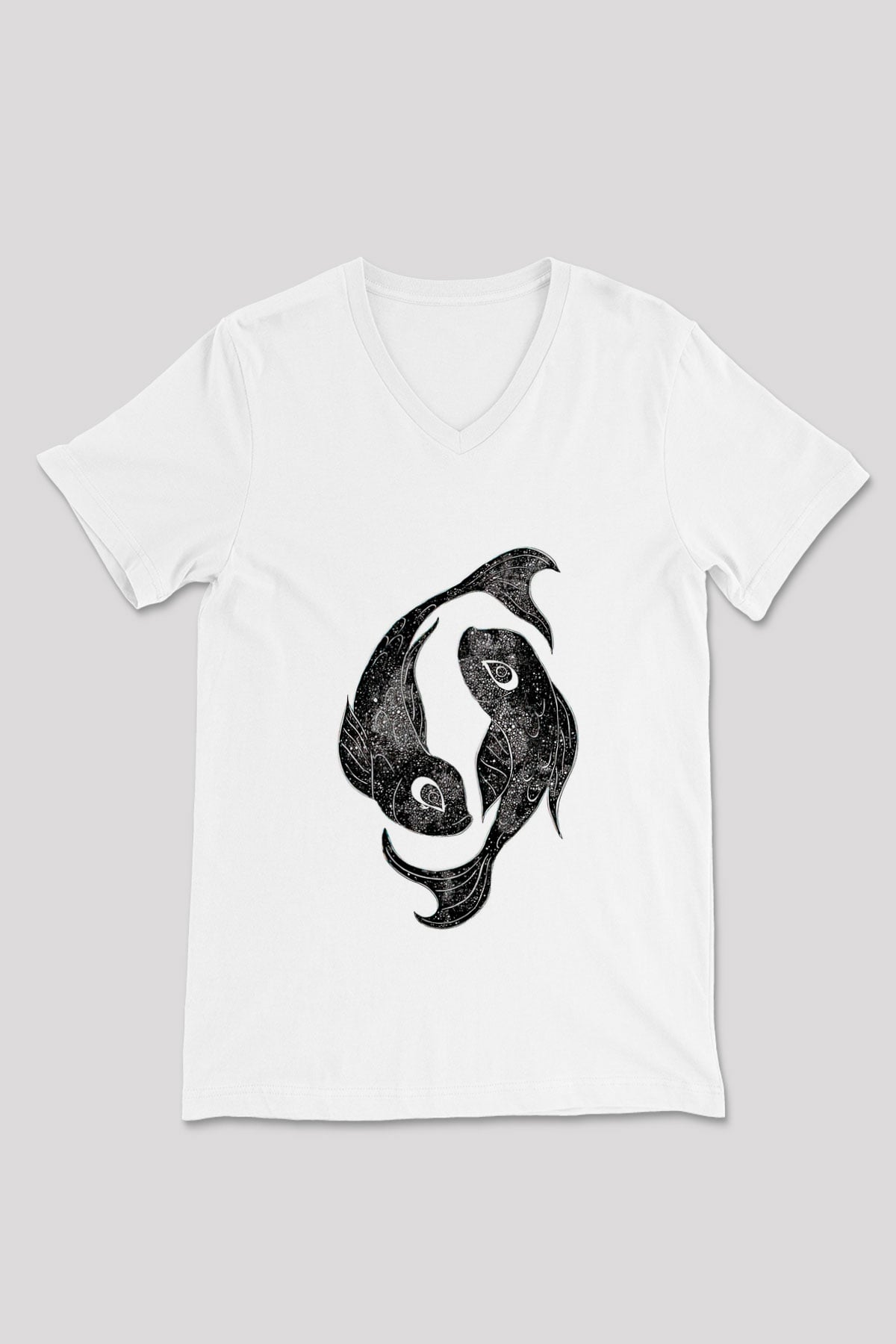 Balık Burcu Baskılı Beyaz Unisex V Yaka Tişört - Tshirt