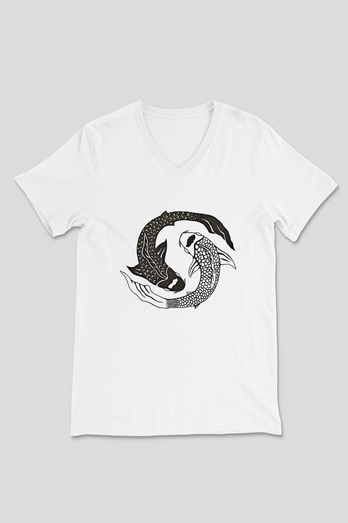 Balık Burcu Baskılı Beyaz Unisex V Yaka Tişört - Tshirt