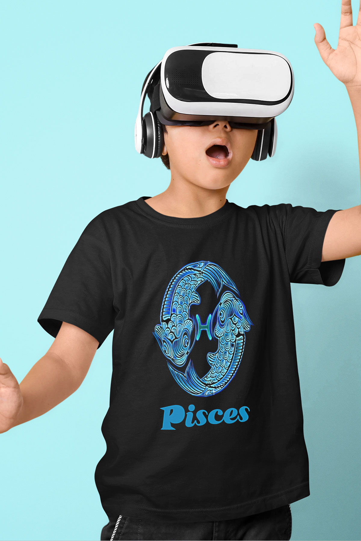 Balık Burcu Baskılı Unisex Siyah Çocuk Tişört - Tshirt