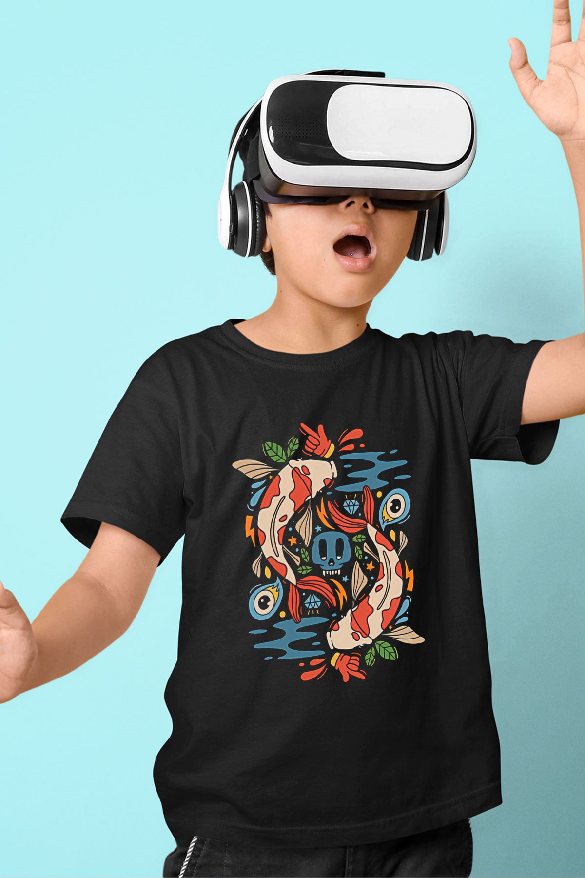 Balık Burcu Baskılı Unisex Siyah Çocuk Tişört - Tshirt