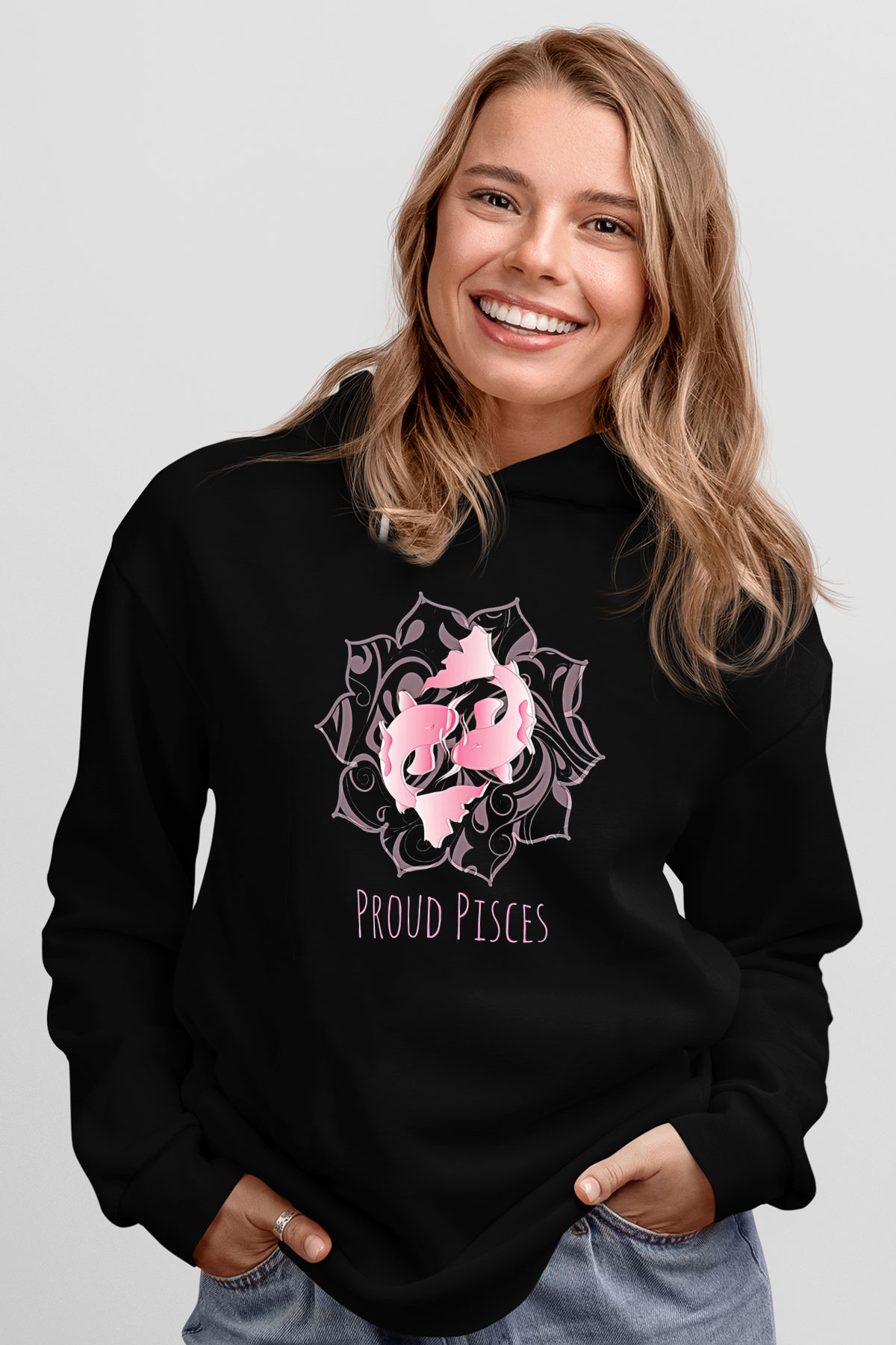 Balık Burcu Baskılı Unisex Siyah Hoodie