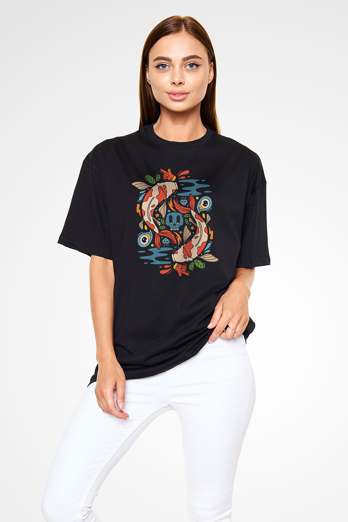 Balık Burcu Baskılı Unisex Siyah Oversize Tişört - Tshirt