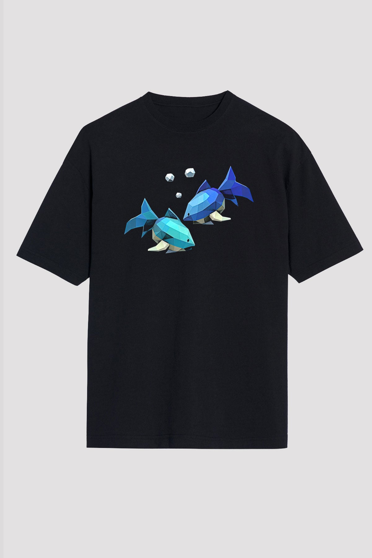 Balık Burcu Baskılı Unisex Siyah Oversize Tişört - Tshirt