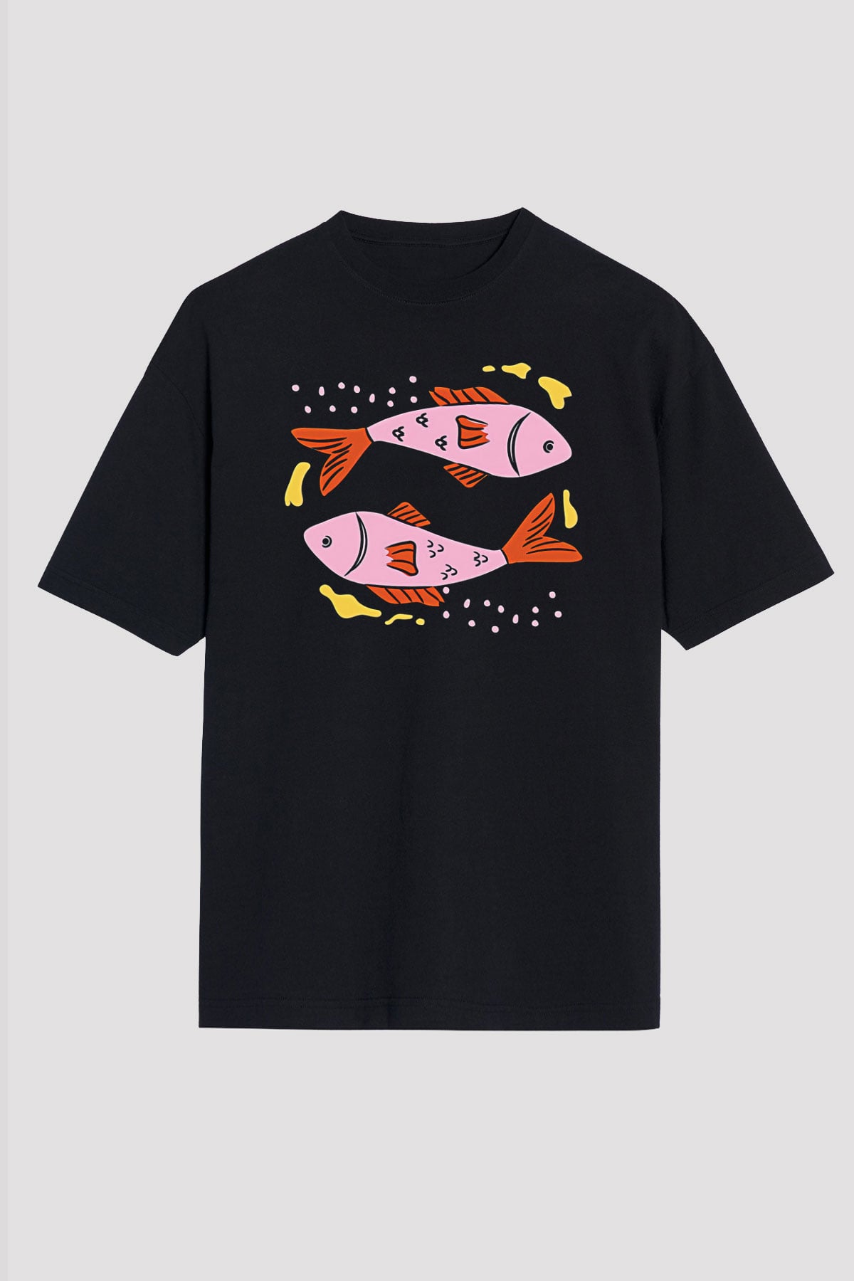 Balık Burcu Baskılı Unisex Siyah Oversize Tişört - Tshirt