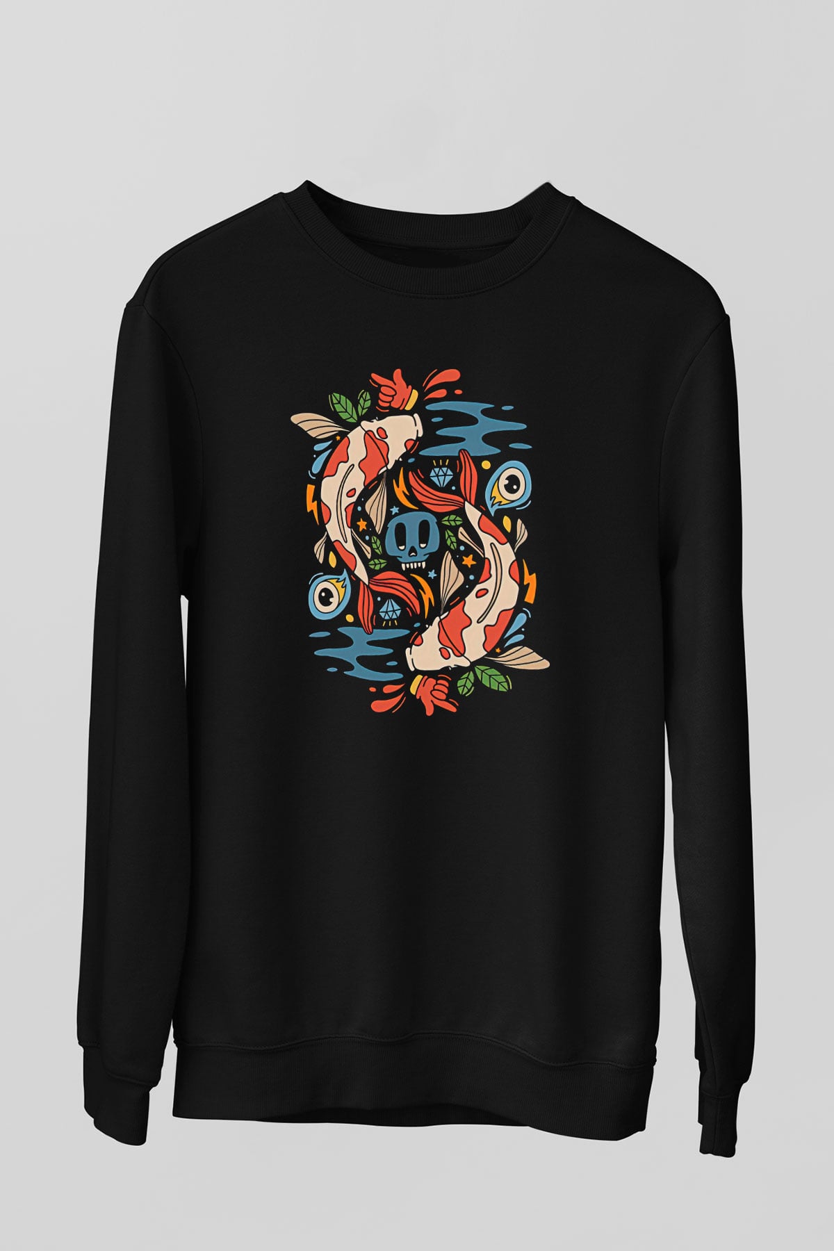 Balık Burcu Baskılı Unisex Siyah Sweatshirt