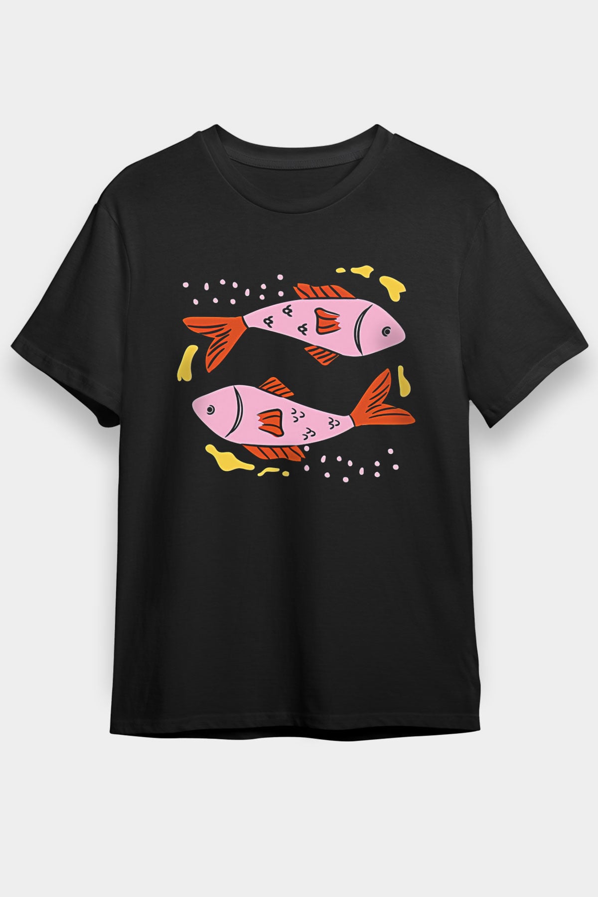 Balık Burcu Baskılı Unisex Siyah Tişört - Tshirt