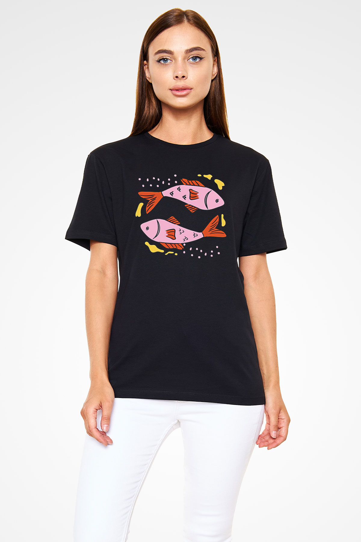 Balık Burcu Baskılı Unisex Siyah Tişört - Tshirt