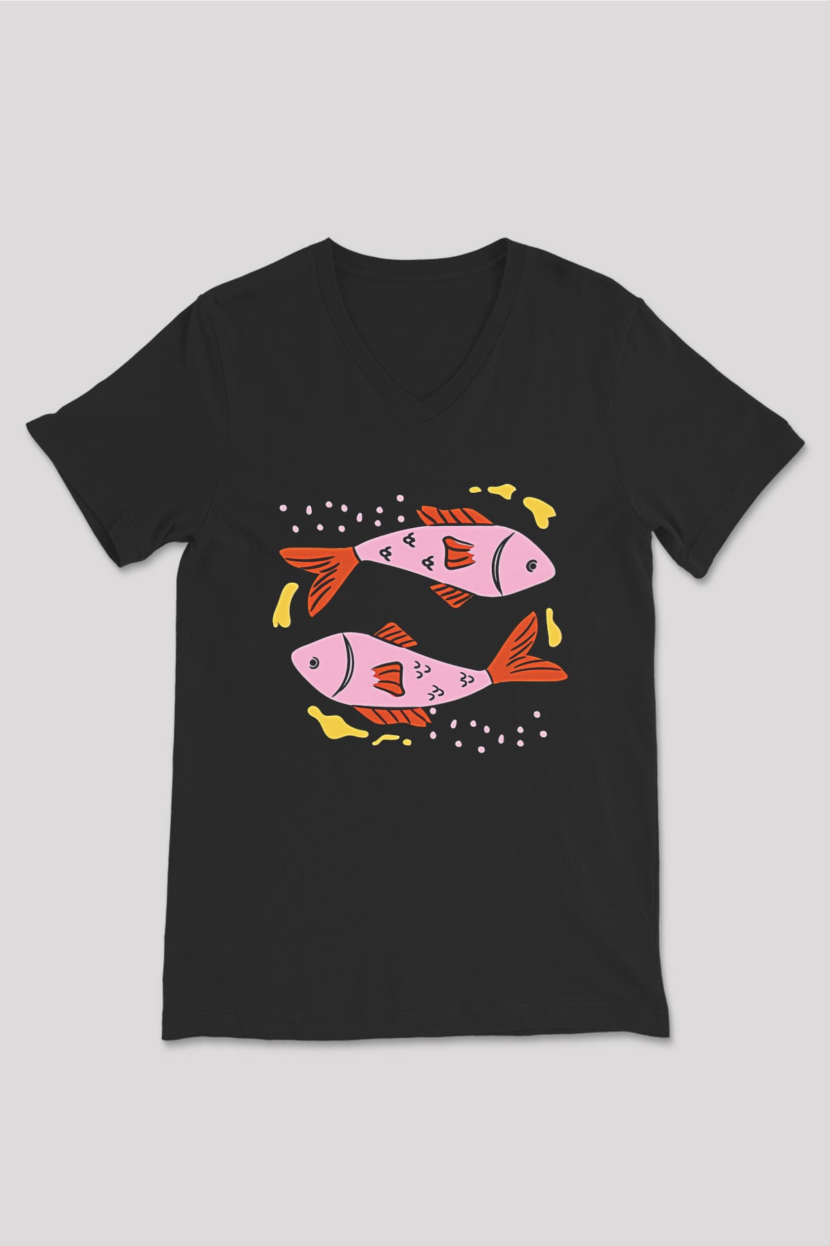 Balık Burcu Baskılı Unisex Siyah V Yaka Tişört - Tshirt
