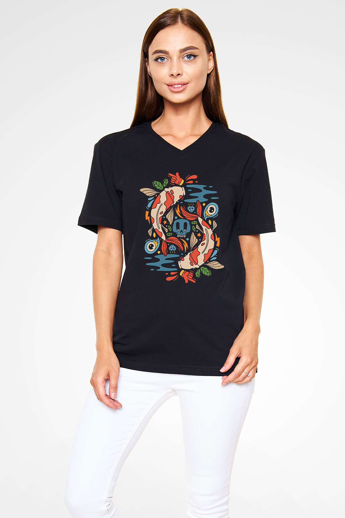 Balık Burcu Baskılı Unisex Siyah V Yaka Tişört - Tshirt
