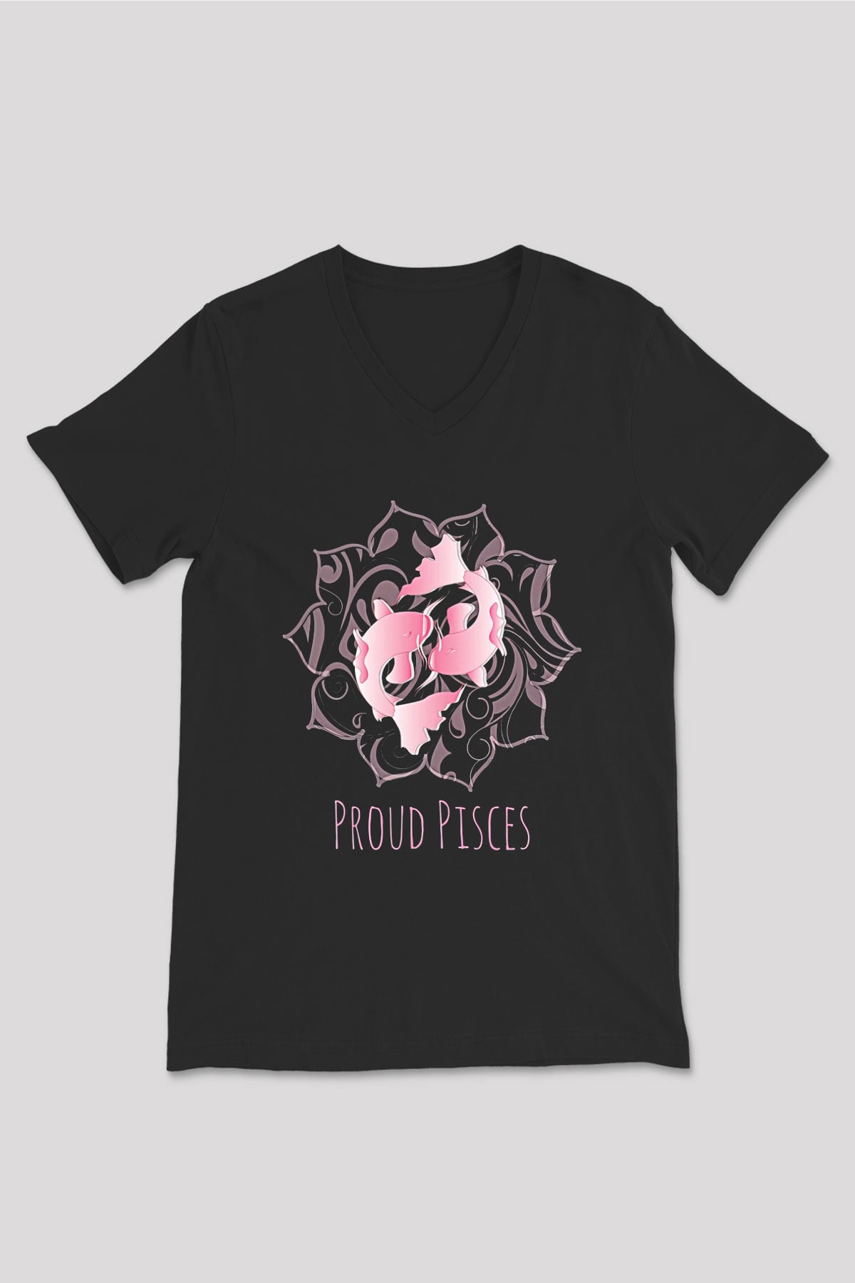 Balık Burcu Baskılı Unisex Siyah V Yaka Tişört - Tshirt