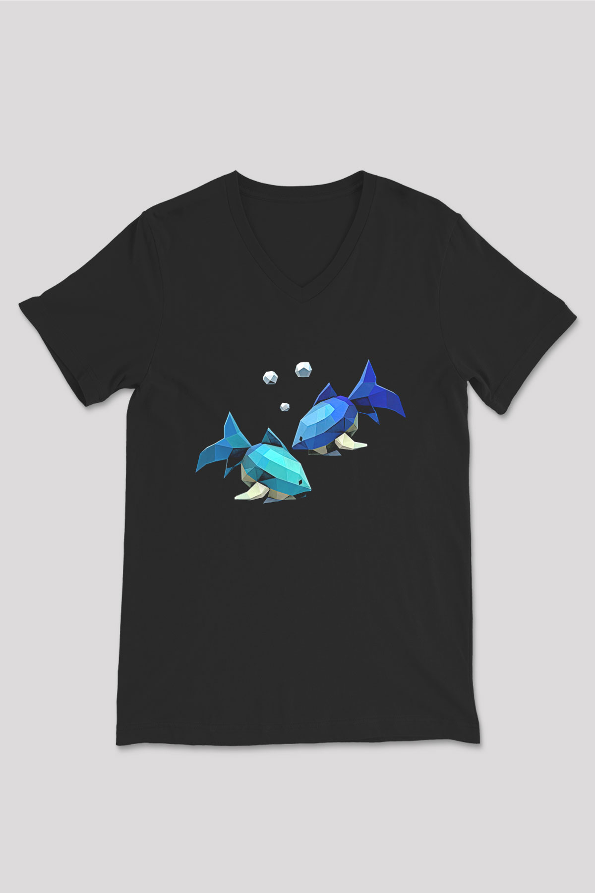 Balık Burcu Baskılı Unisex Siyah V Yaka Tişört - Tshirt