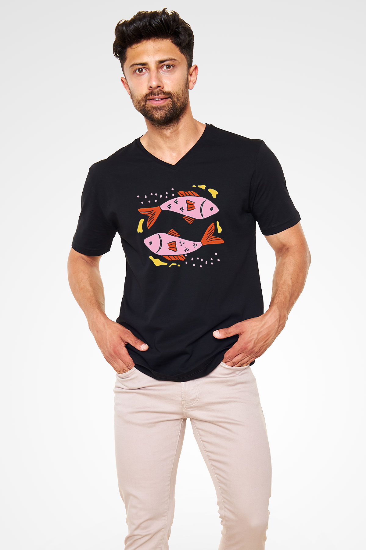 Balık Burcu Baskılı Unisex Siyah V Yaka Tişört - Tshirt