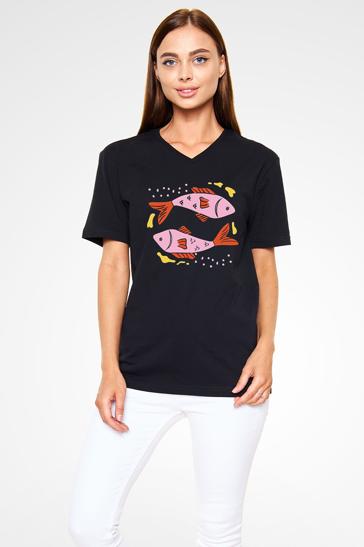 Balık Burcu Baskılı Unisex Siyah V Yaka Tişört - Tshirt