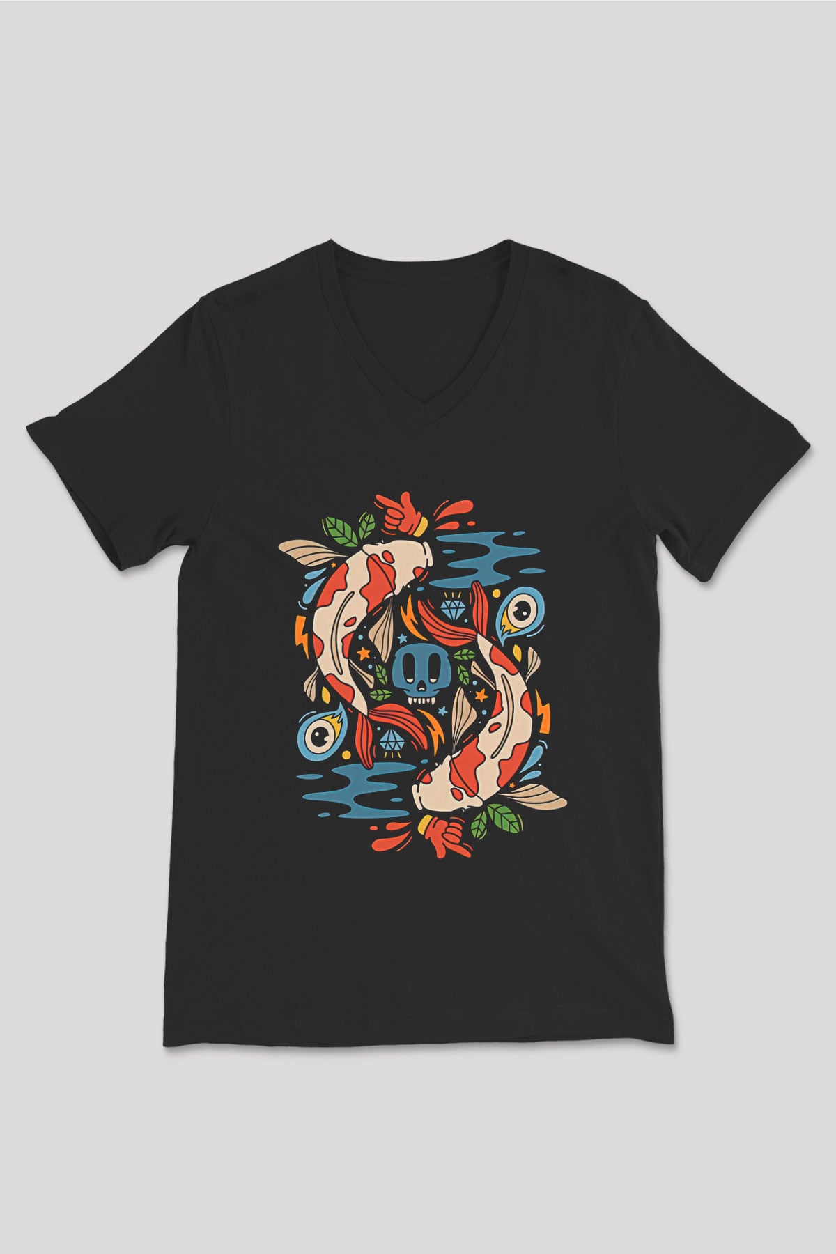 Balık Burcu Baskılı Unisex Siyah V Yaka Tişört - Tshirt