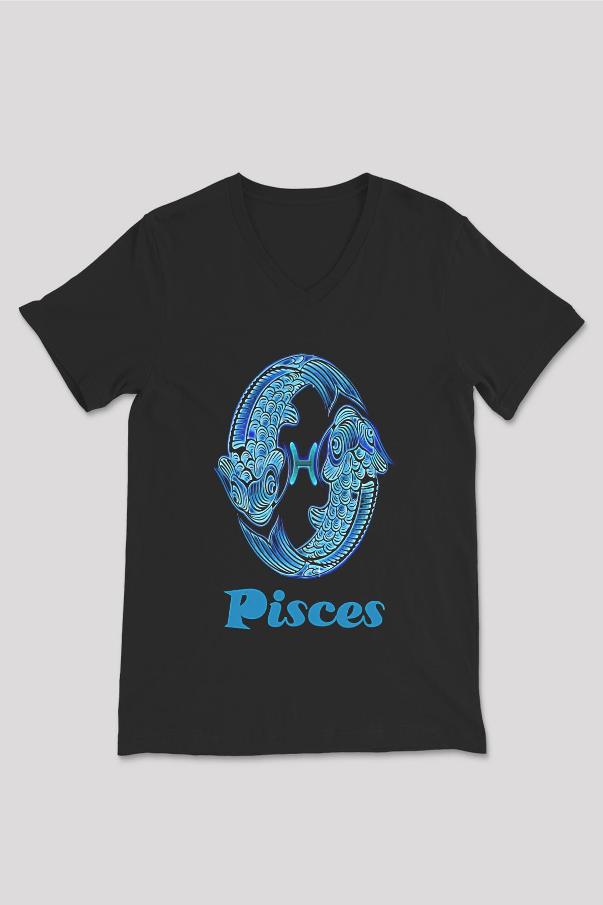 Balık Burcu Baskılı Unisex Siyah V Yaka Tişört - Tshirt