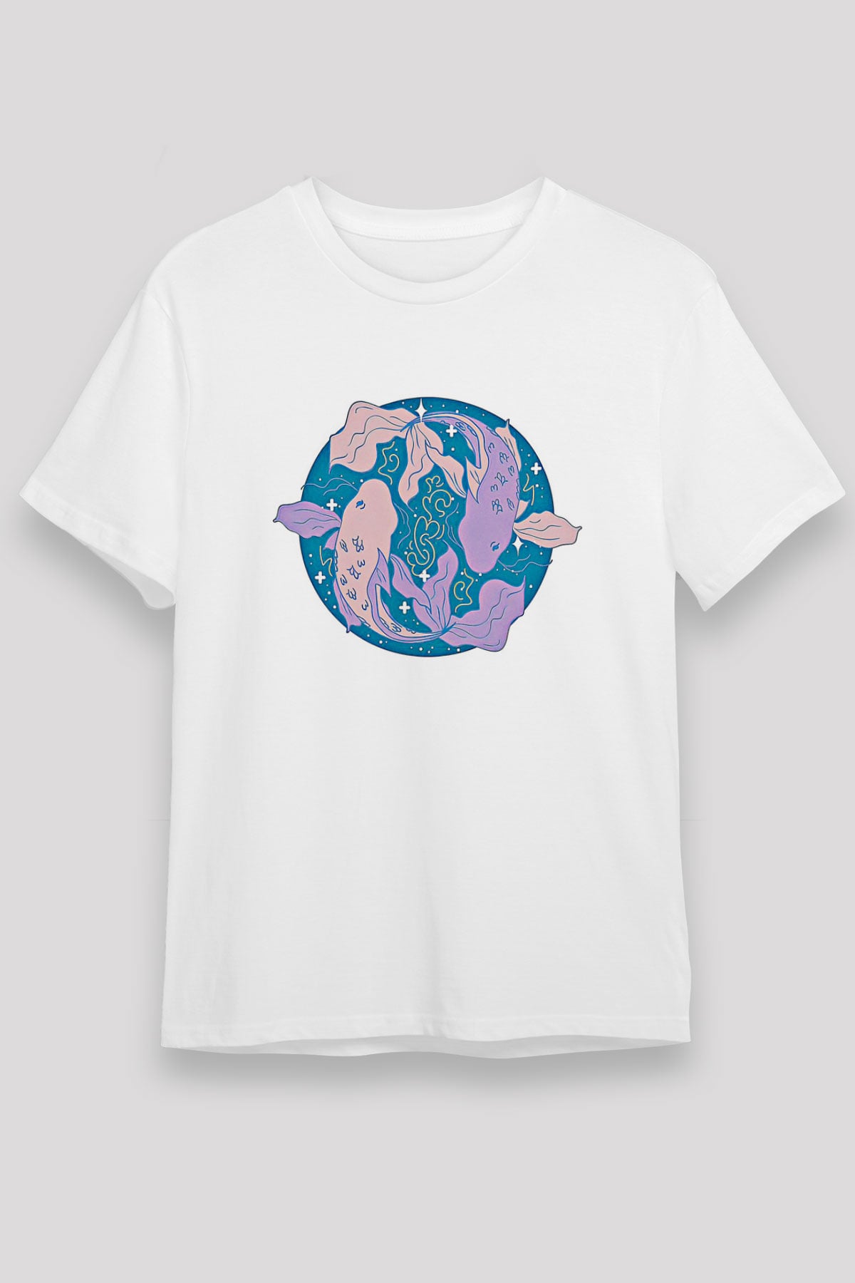 Balık Burcu Unisex Baskılı Beyaz Tişört - Tshirt