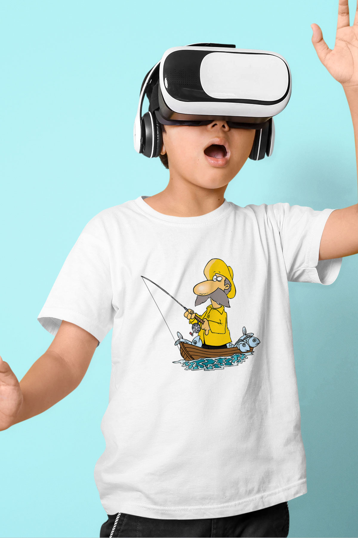 Balıkçı Baskılı Beyaz Unisex Çocuk Tişört