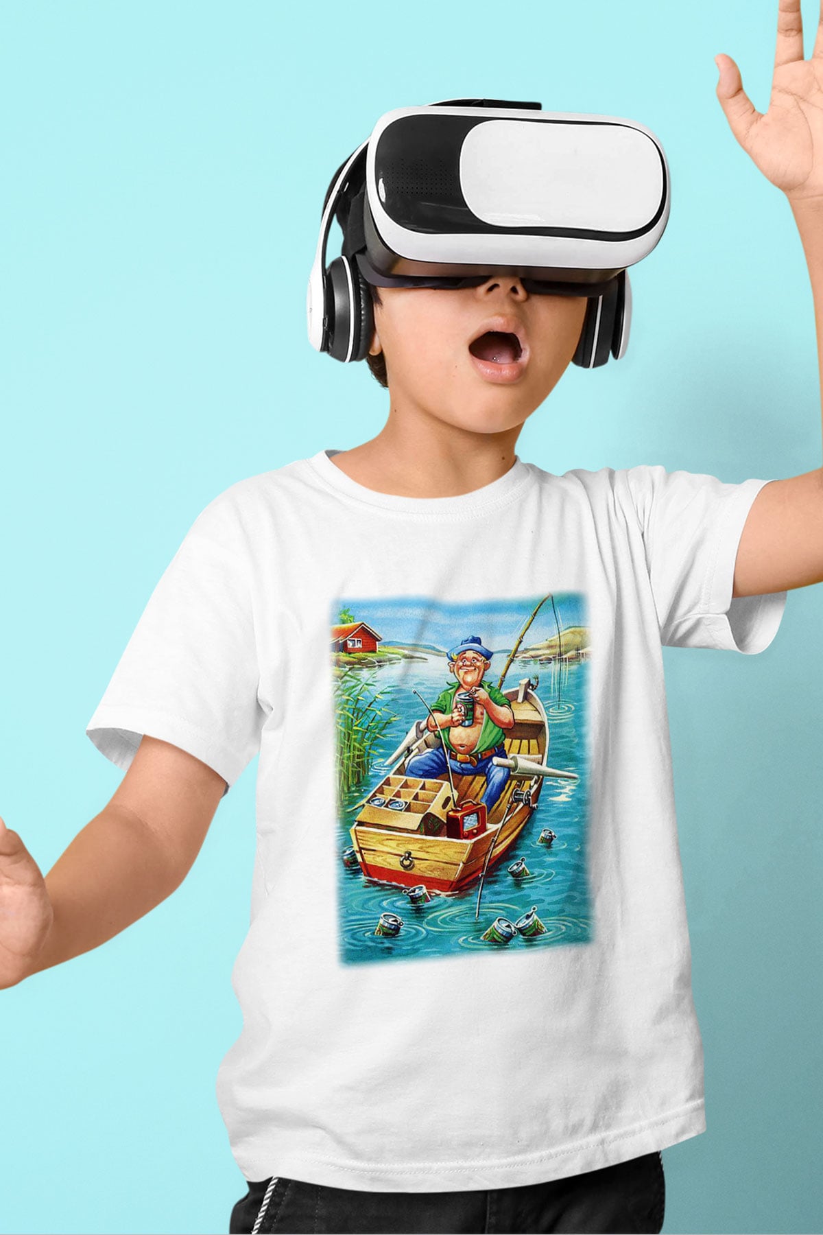 Balıkçı Baskılı Beyaz Unisex Çocuk Tişört