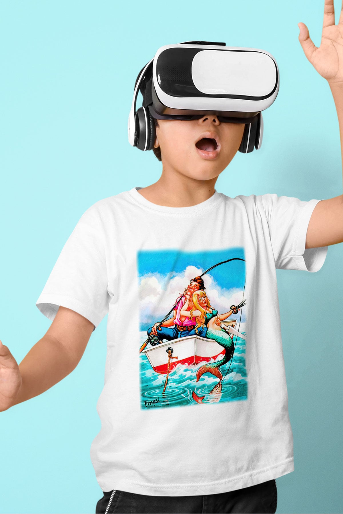 Balıkçı Baskılı Beyaz Unisex Çocuk Tişört