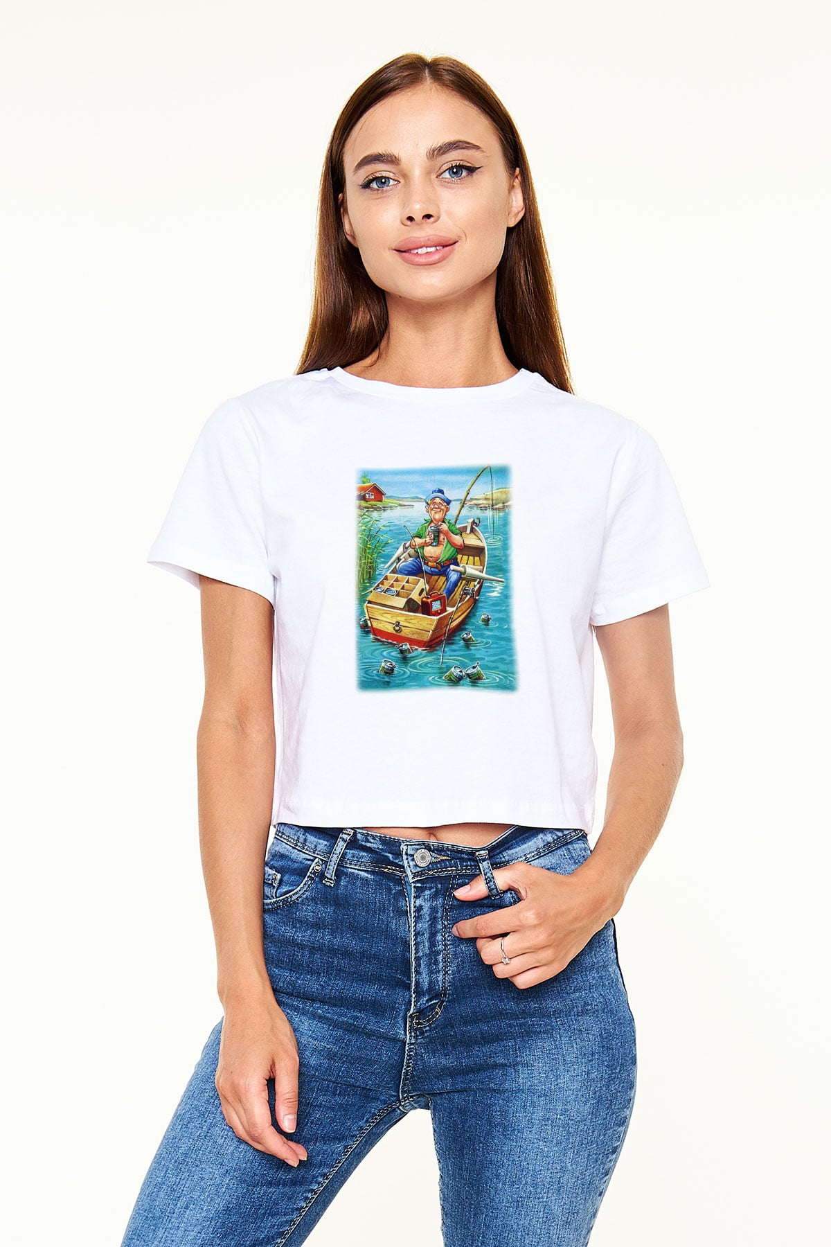 Balıkçı Beyaz Croptop Tişört