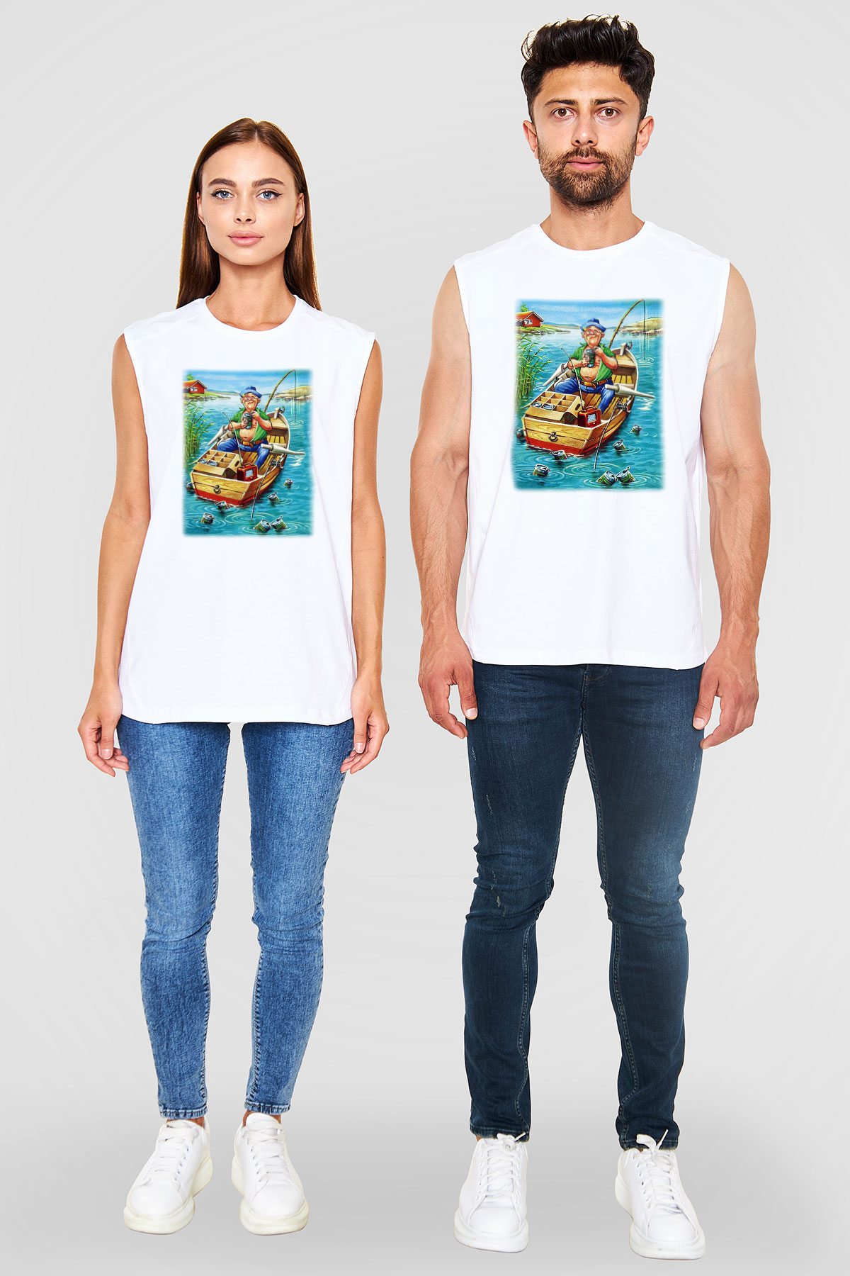 Balıkçı Beyaz Unisex Kolsuz Tişört