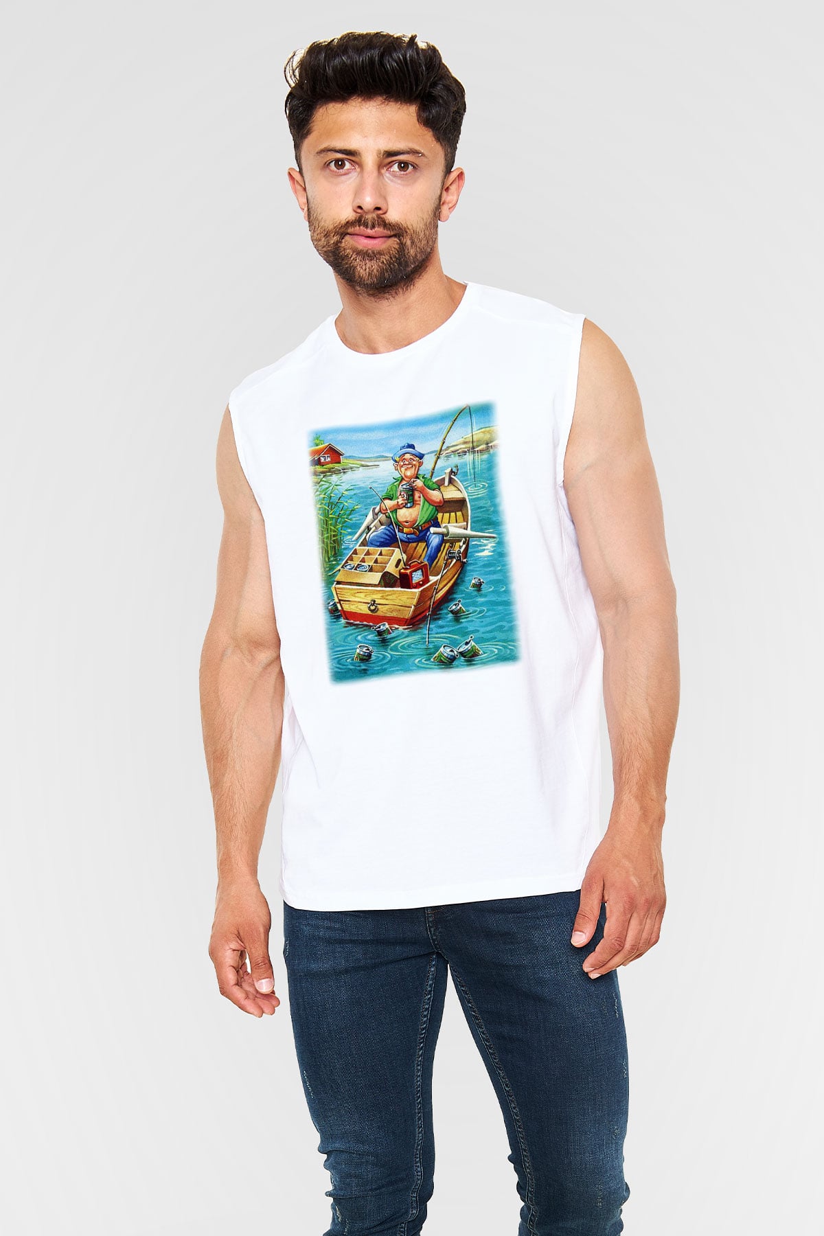 Balıkçı Beyaz Unisex Kolsuz Tişört