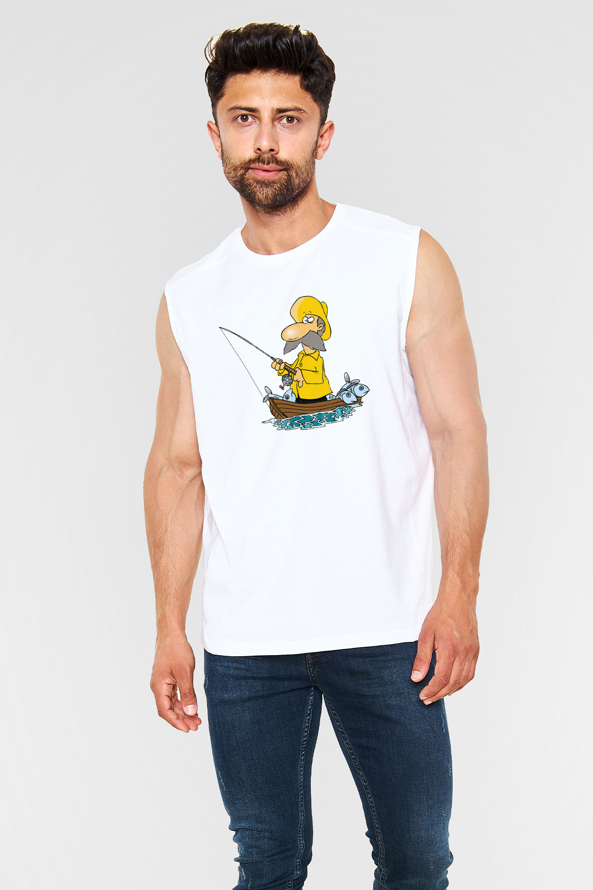 Balıkçı Beyaz Unisex Kolsuz Tişört