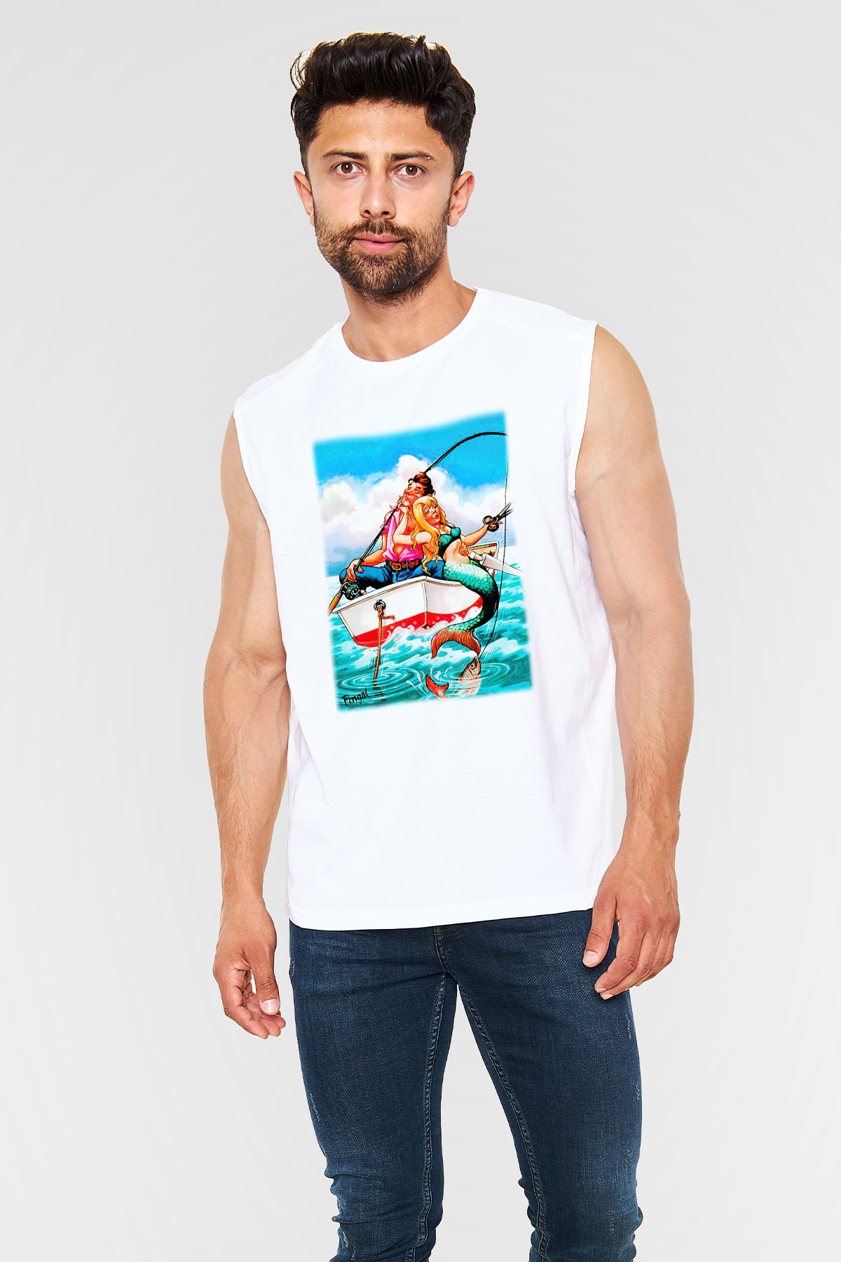 Balıkçı Beyaz Unisex Kolsuz Tişört