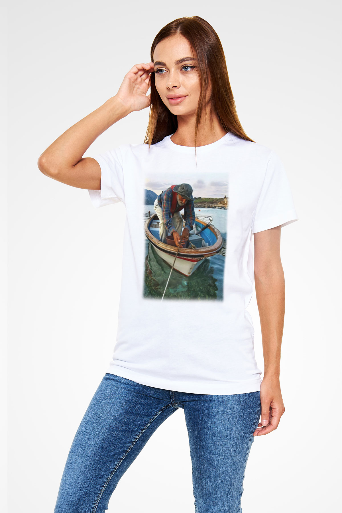 Balıkçı Beyaz Unisex Tişört T-Shirt - TişörtFabrikası