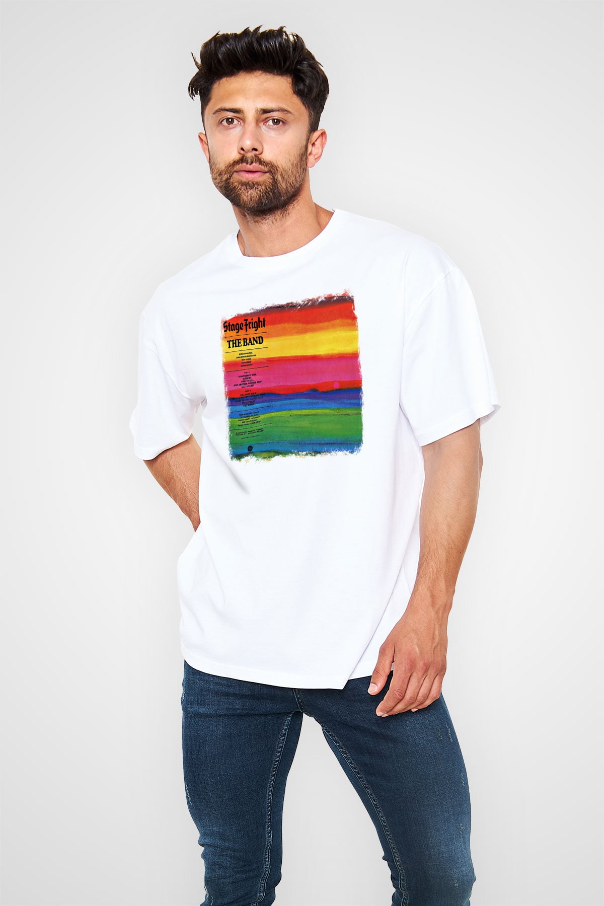 Band Baskılı Unisex Beyaz Oversize Tişört