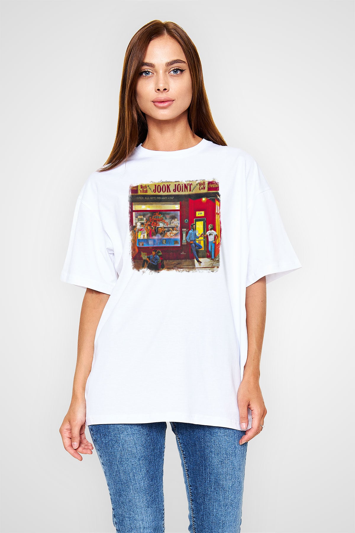 Band Baskılı Unisex Beyaz Oversize Tişört