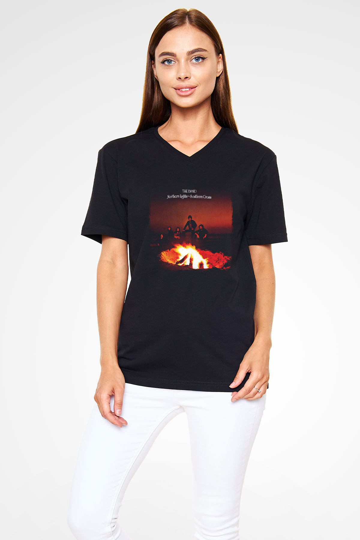 Band Baskılı Unisex Siyah V Yaka Tişört