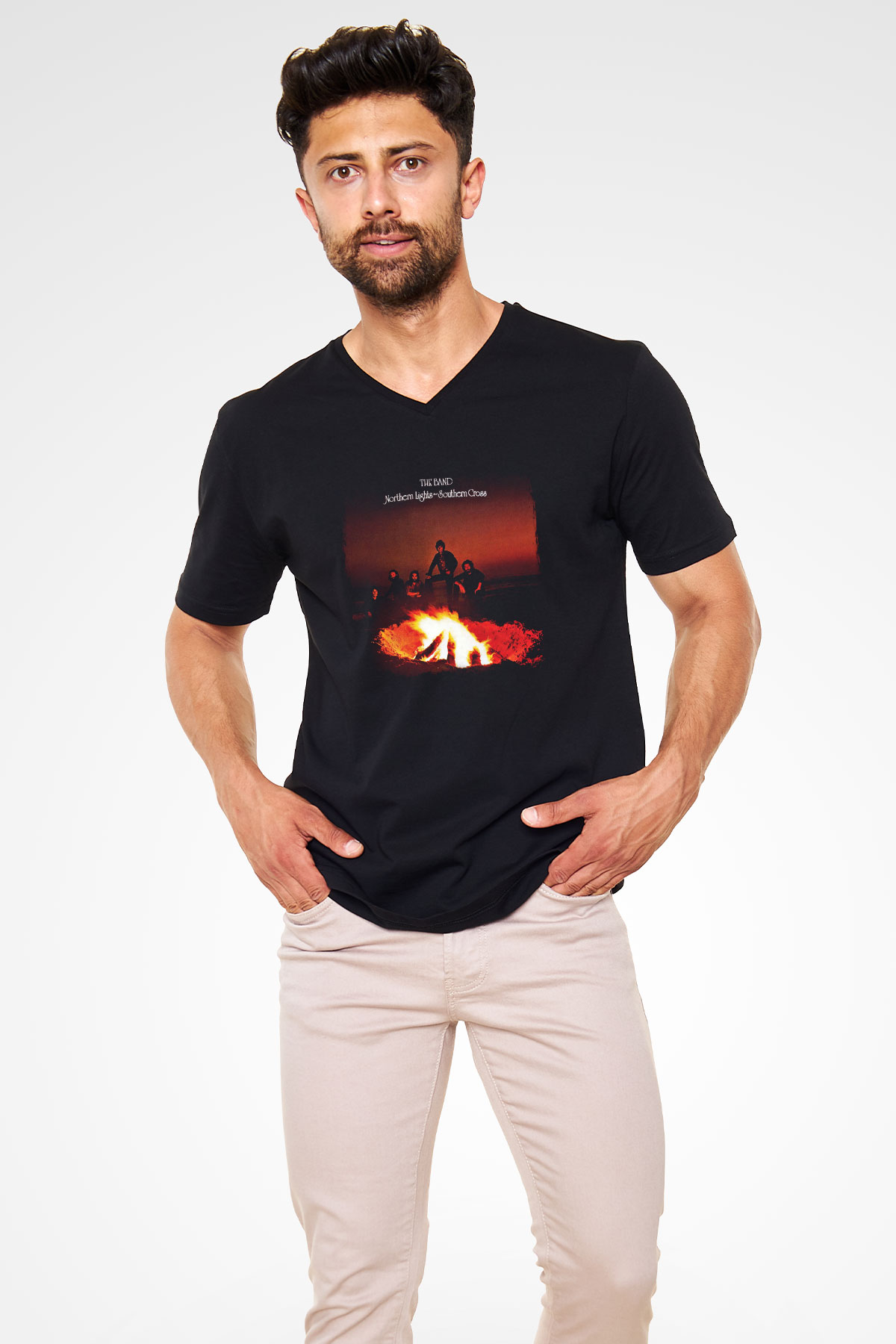 Band Baskılı Unisex Siyah V Yaka Tişört