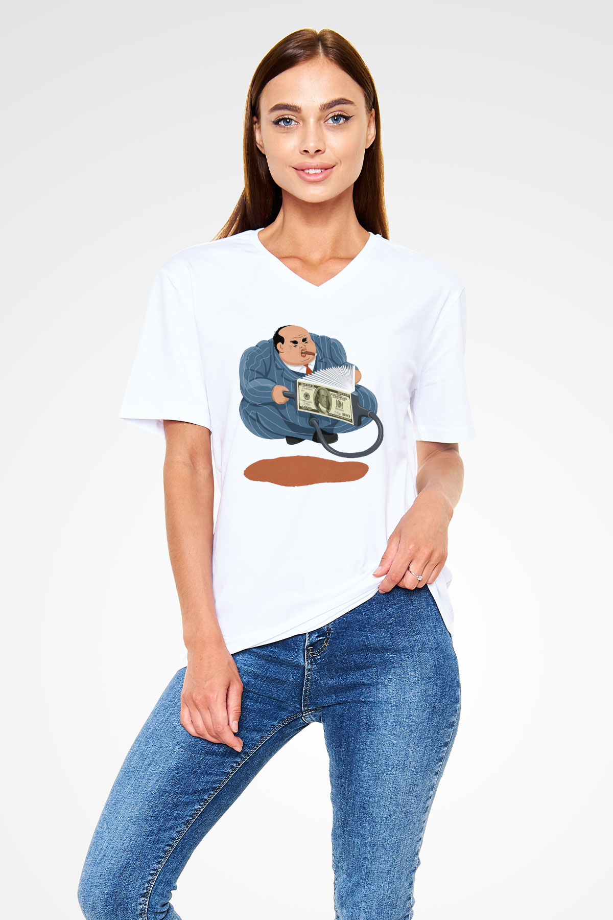 Bankacı Beyaz Unisex V Yaka Tişört