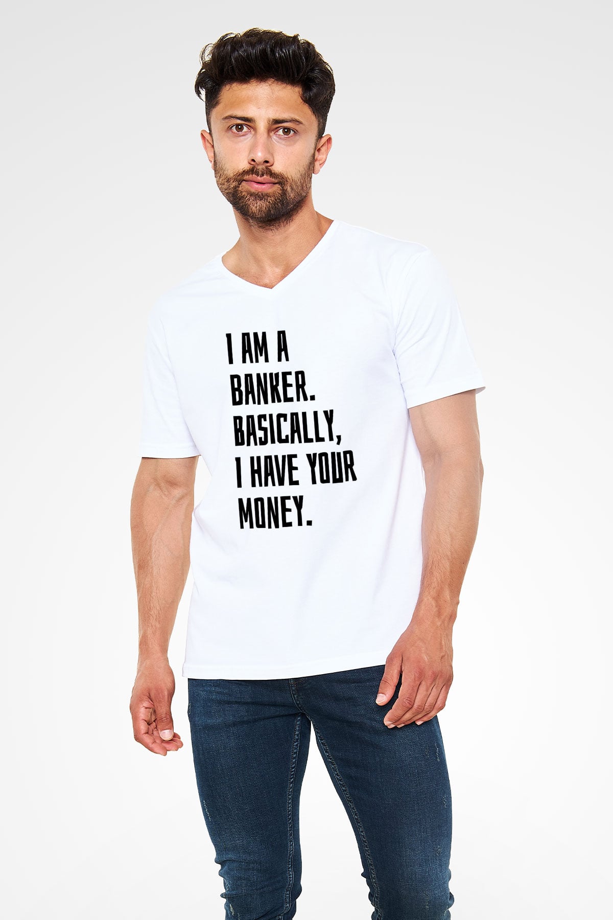 Bankacı Beyaz Unisex V Yaka Tişört