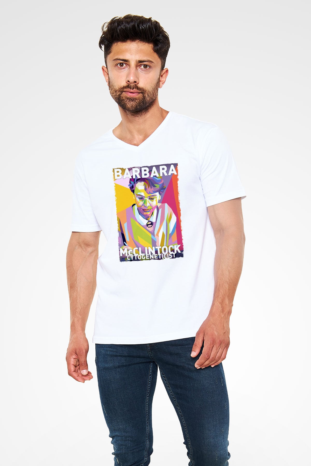 Barbara McClintock Baskılı Unisex V Yaka Beyaz Tişört - Tshirt