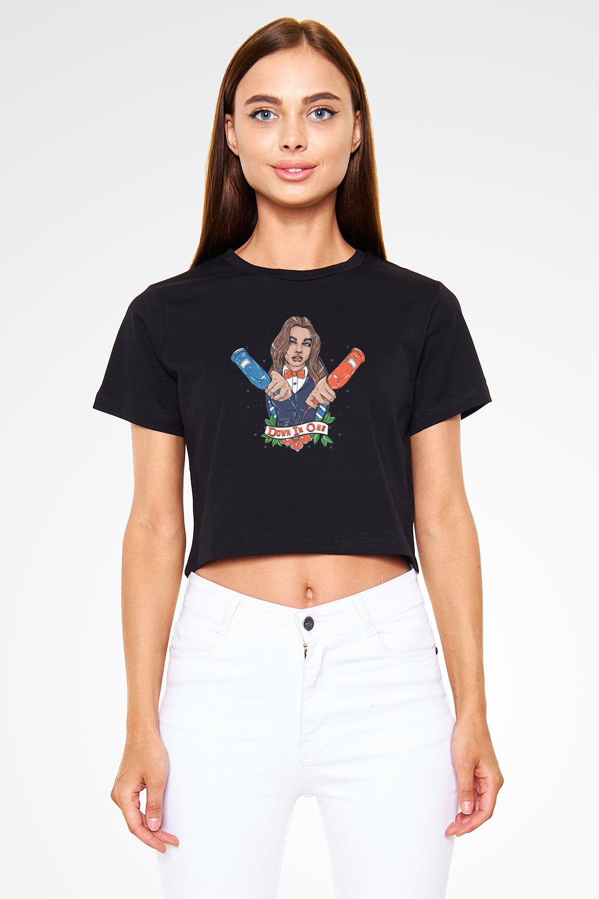 Barmaid Siyah  Crop Top Tişört