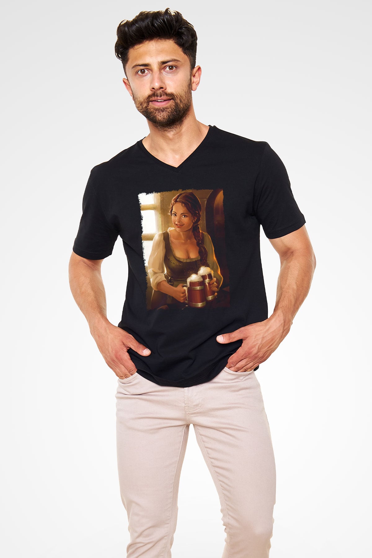 Barmaid Siyah Unisex V Yaka Tişört
