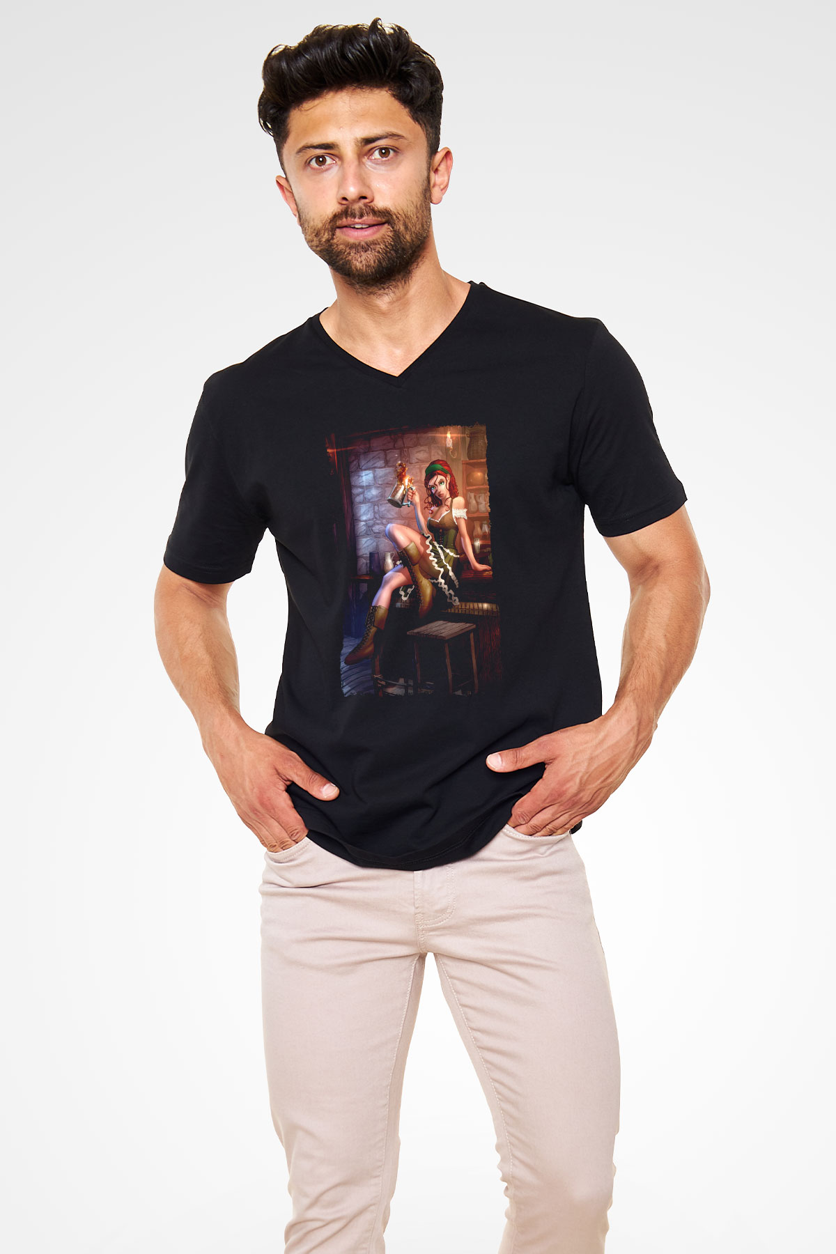 Barmaid Siyah Unisex V Yaka Tişört