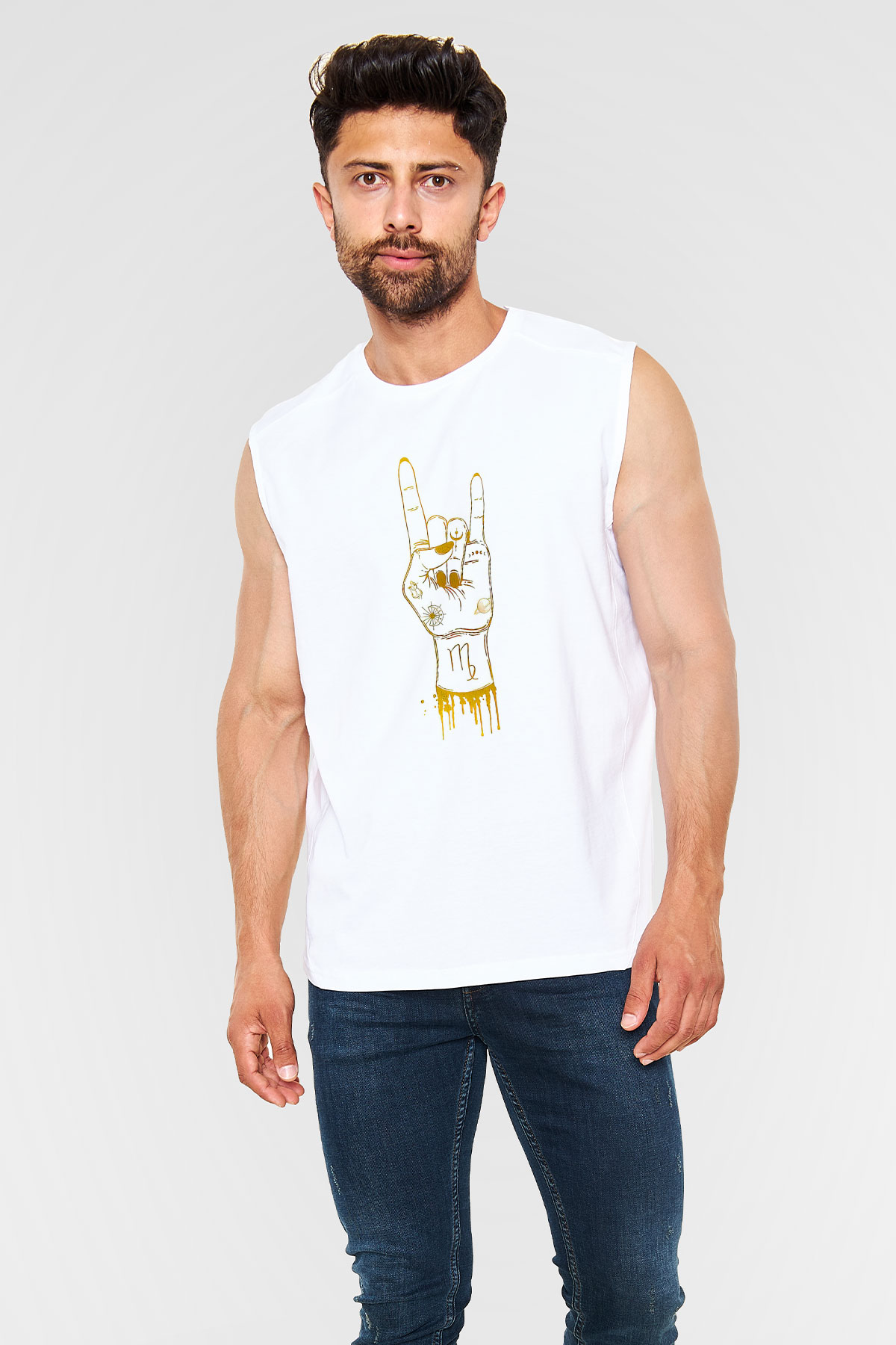 Başak Burcu Baskılı Beyaz Unisex Kolsuz Tişört - Tshirt